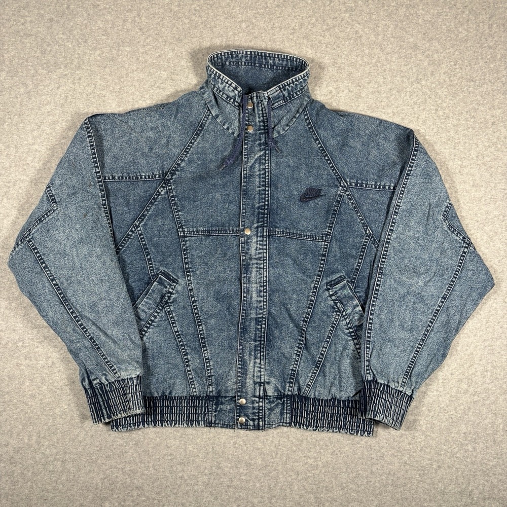 VTG 80s Nike Challenge Court Acid Wash Denim Jacket Mens Small Agassi Full Zip